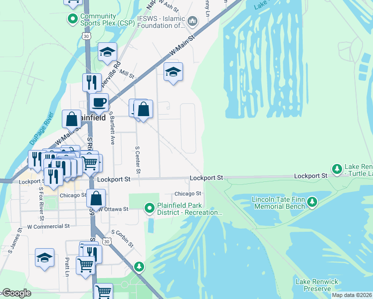 map of restaurants, bars, coffee shops, grocery stores, and more near 14913 Hawthorne Circle in Plainfield