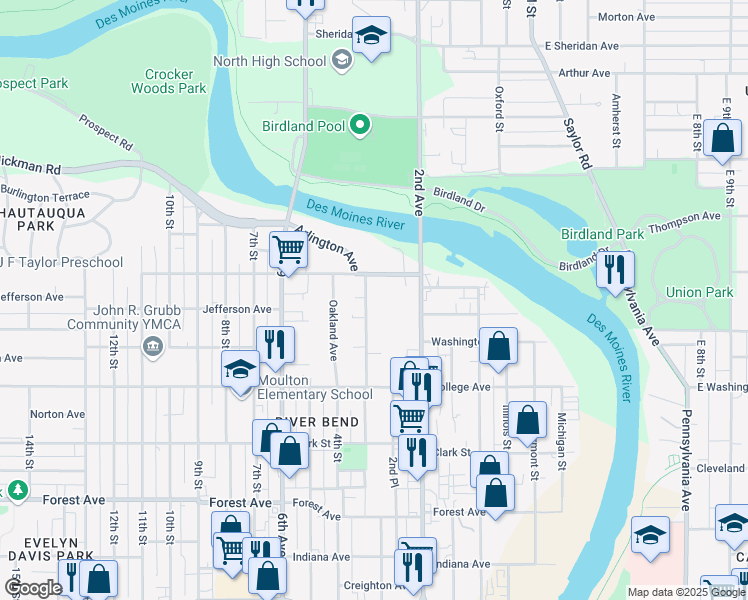 map of restaurants, bars, coffee shops, grocery stores, and more near 1805 Arlington Avenue in Des Moines