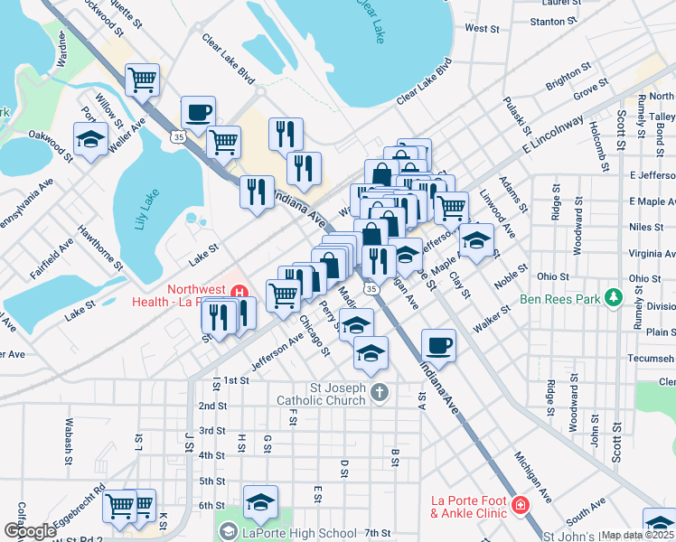 map of restaurants, bars, coffee shops, grocery stores, and more near 1001-1007 Lincoln Highway in La Porte