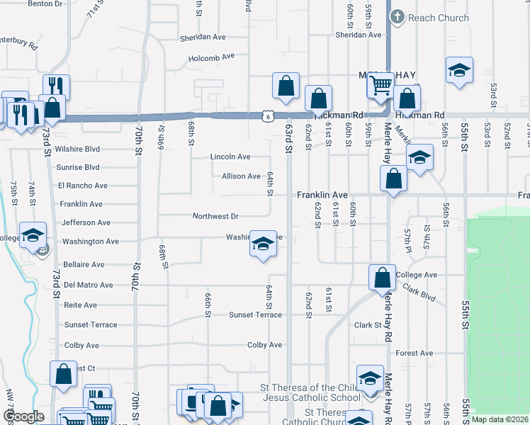 map of restaurants, bars, coffee shops, grocery stores, and more near 6402 Northwest Drive in Windsor Heights