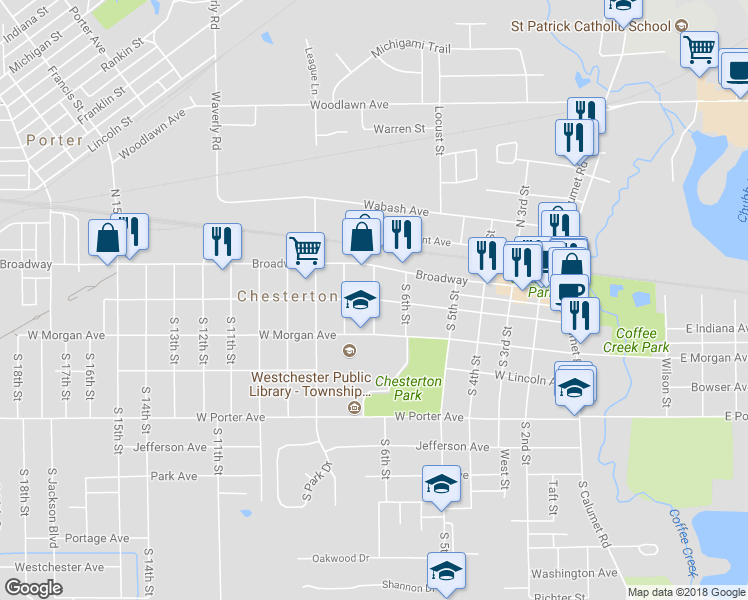 map of restaurants, bars, coffee shops, grocery stores, and more near 201 Chesterton Boulevard in Chesterton