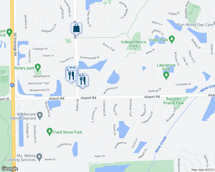 map of restaurants, bars, coffee shops, grocery stores, and more near 374 Richmond Drive in Romeoville