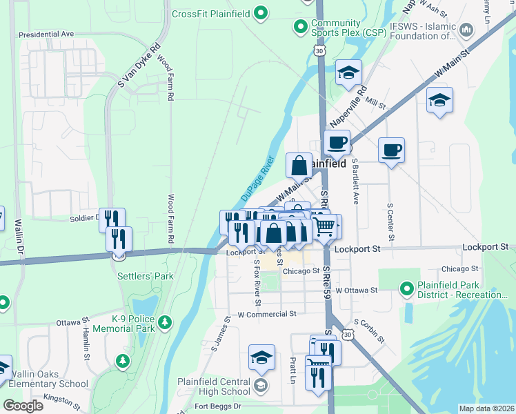 map of restaurants, bars, coffee shops, grocery stores, and more near 24138 West Main Street in Plainfield