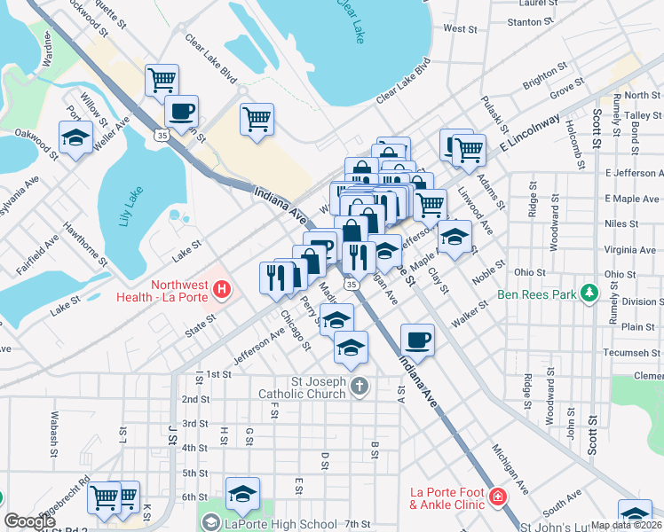 map of restaurants, bars, coffee shops, grocery stores, and more near 916 Lincolnway in La Porte