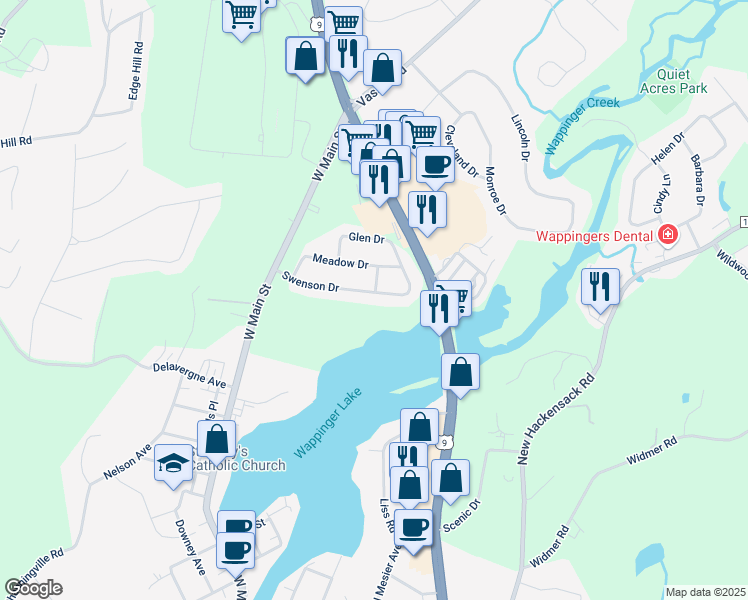 map of restaurants, bars, coffee shops, grocery stores, and more near 40 Swenson Drive in Wappingers Falls