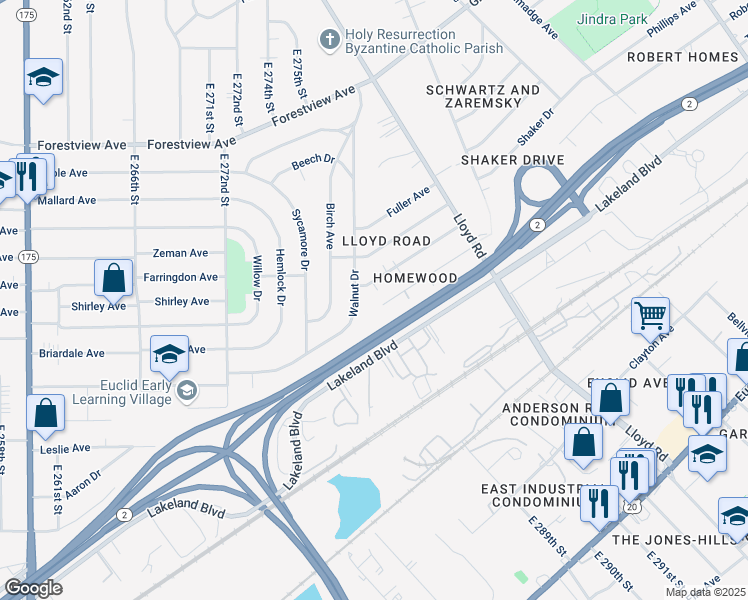 map of restaurants, bars, coffee shops, grocery stores, and more near 28954 Homewood Drive in Wickliffe