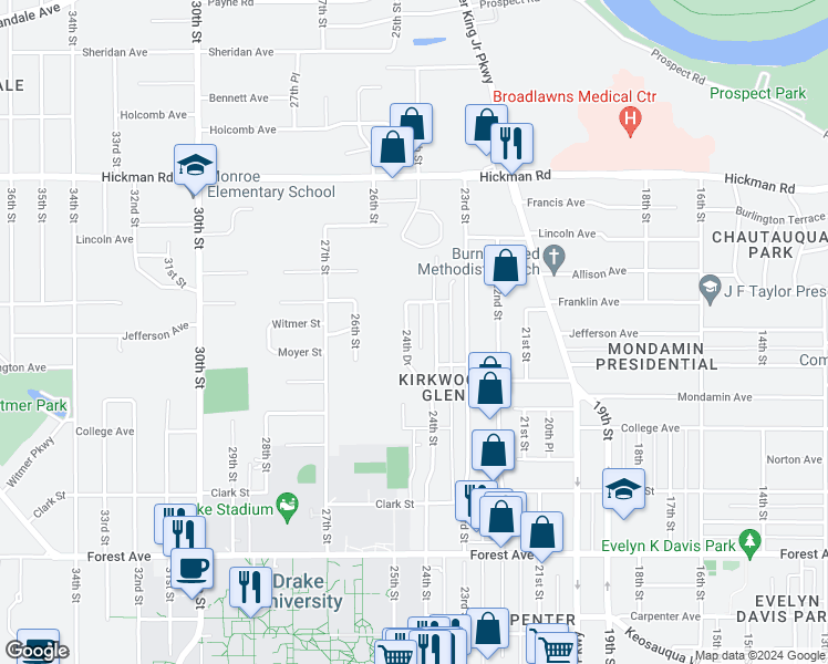 map of restaurants, bars, coffee shops, grocery stores, and more near 1805 24th Drive in Des Moines