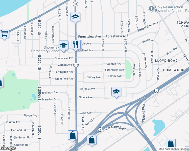 map of restaurants, bars, coffee shops, grocery stores, and more near 26451 Shirley Avenue in Euclid