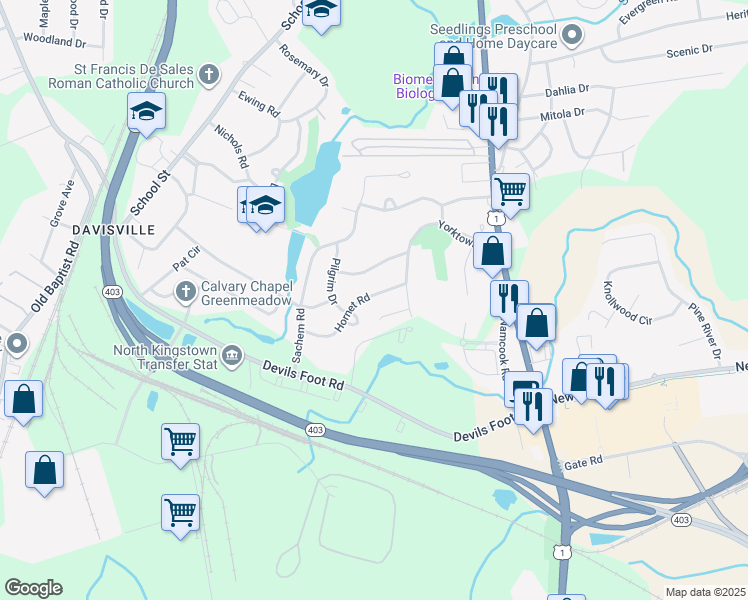 map of restaurants, bars, coffee shops, grocery stores, and more near 37 Saratoga Road in North Kingstown