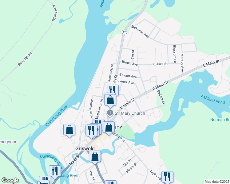 map of restaurants, bars, coffee shops, grocery stores, and more near 96 North Main Street in Griswold