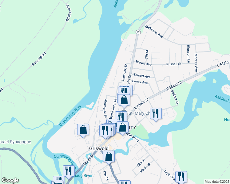 map of restaurants, bars, coffee shops, grocery stores, and more near 120 Mathewson Street in Griswold
