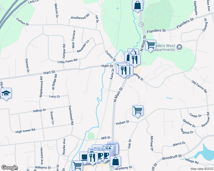 map of restaurants, bars, coffee shops, grocery stores, and more near 2 Kane Street in Southington