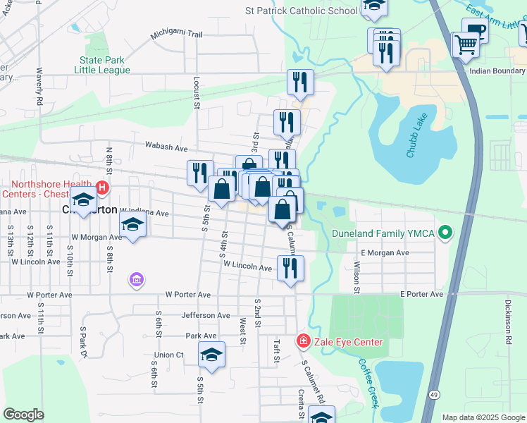 map of restaurants, bars, coffee shops, grocery stores, and more near 221 Broadway in Chesterton