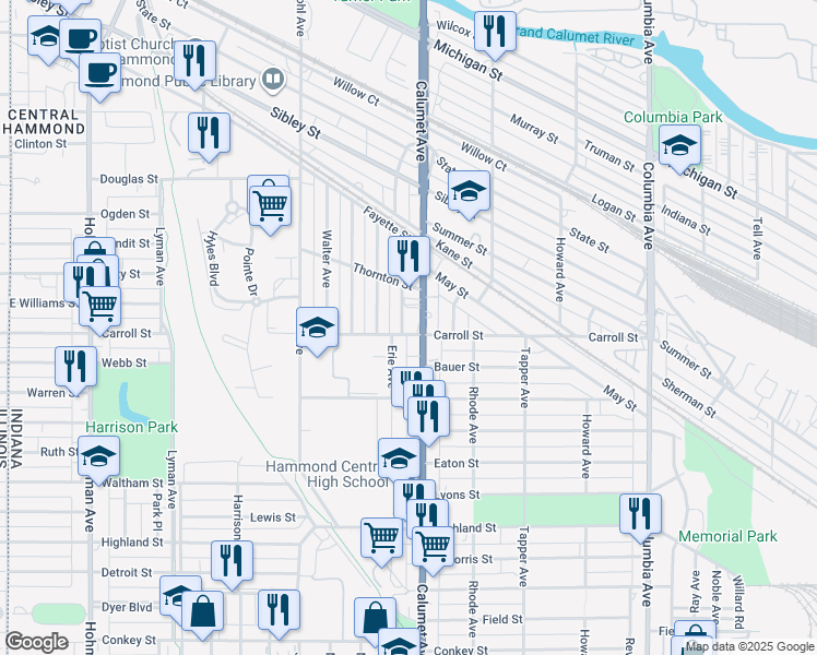 map of restaurants, bars, coffee shops, grocery stores, and more near 5707 Erie Avenue in Hammond
