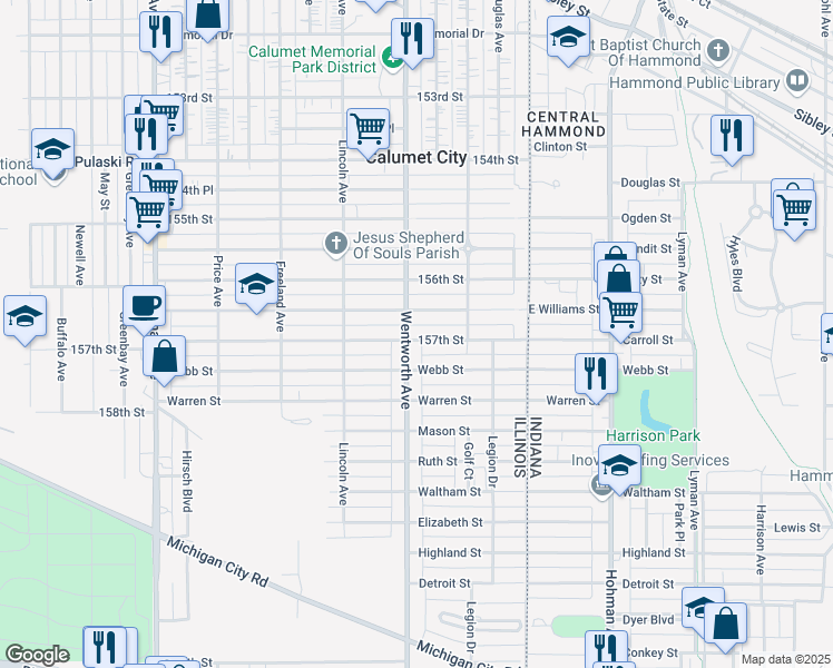 map of restaurants, bars, coffee shops, grocery stores, and more near 851 Wentworth Avenue in Calumet City