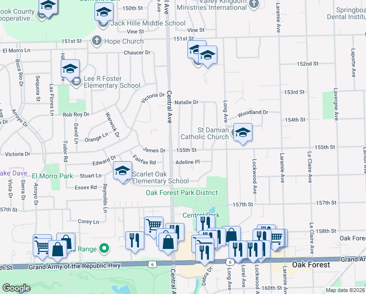 map of restaurants, bars, coffee shops, grocery stores, and more near 5535 155th Street in Oak Forest