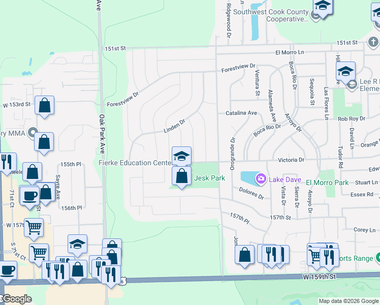 map of restaurants, bars, coffee shops, grocery stores, and more near 15421 Hickory Lane in Oak Forest