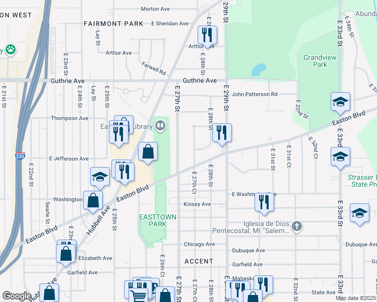 map of restaurants, bars, coffee shops, grocery stores, and more near 1800 East 27th Court in Des Moines