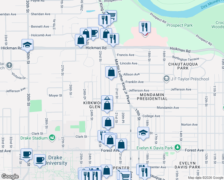 map of restaurants, bars, coffee shops, grocery stores, and more near 1709 22nd Street in Des Moines