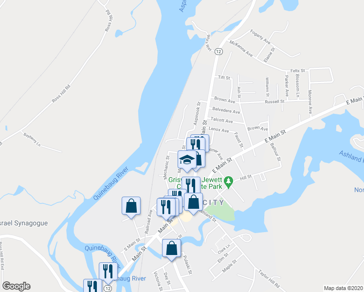 map of restaurants, bars, coffee shops, grocery stores, and more near 120 Mathewson Street in Griswold