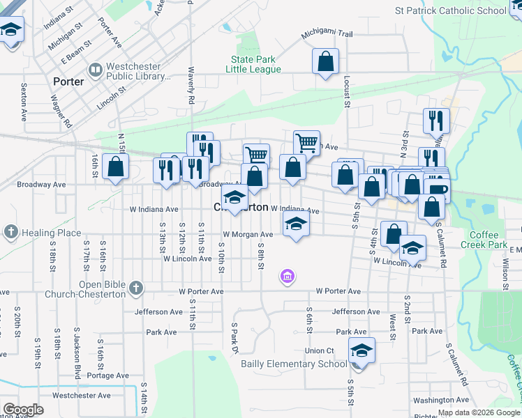 map of restaurants, bars, coffee shops, grocery stores, and more near 200 South 8th Street in Chesterton