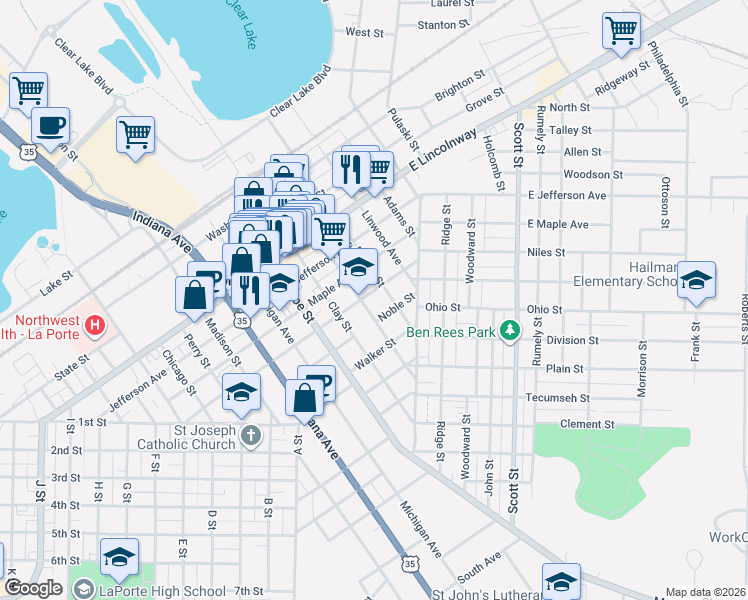 map of restaurants, bars, coffee shops, grocery stores, and more near 402 Harrison Street in La Porte
