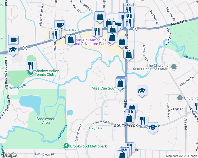 map of restaurants, bars, coffee shops, grocery stores, and more near 5916 Cresthaven Lane in Toledo