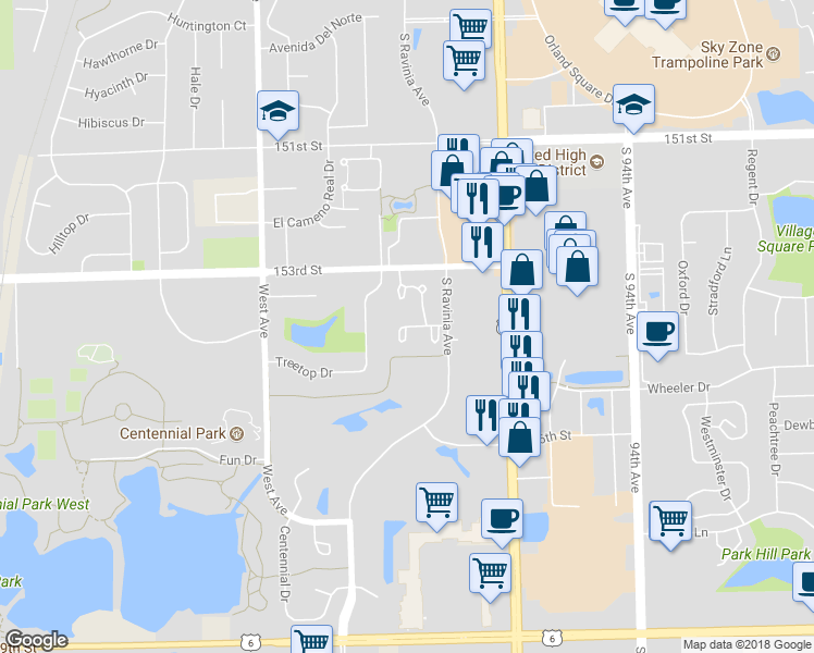 map of restaurants, bars, coffee shops, grocery stores, and more near 10612 West 154th Street in Orland Park