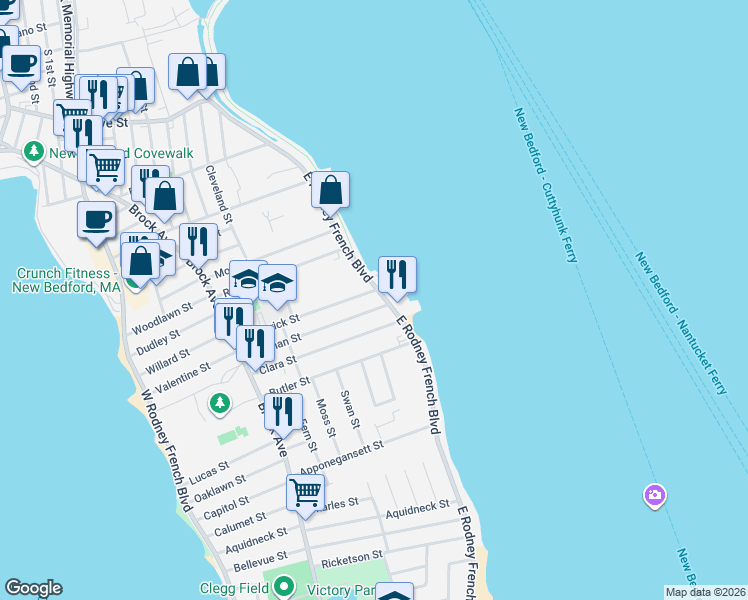 map of restaurants, bars, coffee shops, grocery stores, and more near 16 Norman Street in New Bedford