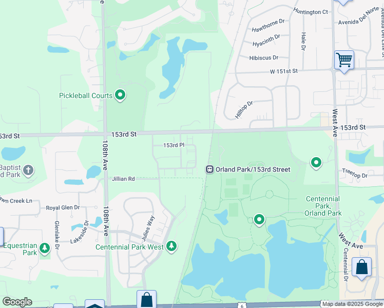 map of restaurants, bars, coffee shops, grocery stores, and more near 10592 154th Place in Orland Park