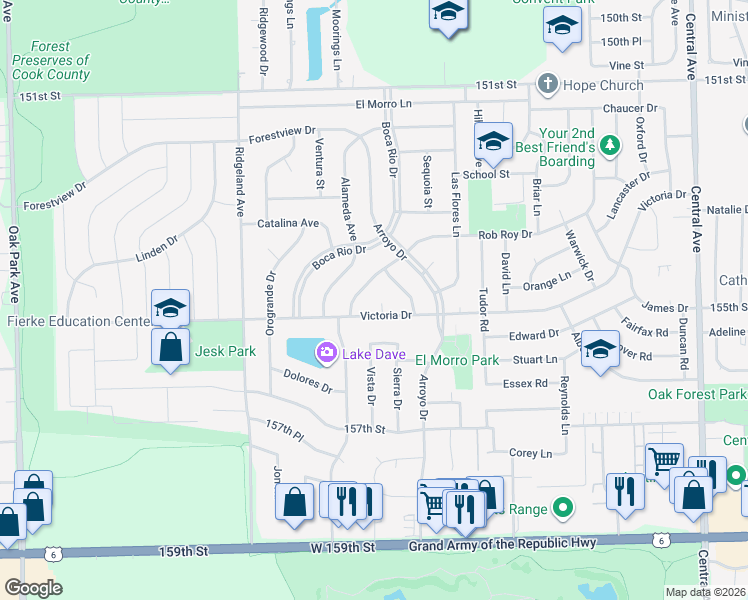 map of restaurants, bars, coffee shops, grocery stores, and more near 6136 Victoria Court in Oak Forest