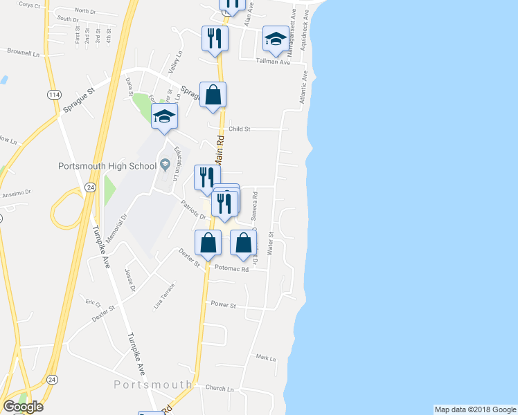 map of restaurants, bars, coffee shops, grocery stores, and more near 31 Seneca Road in Portsmouth