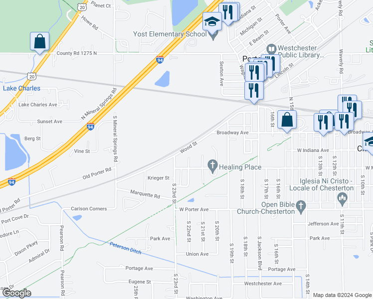 map of restaurants, bars, coffee shops, grocery stores, and more near 673 Wood Street in Porter