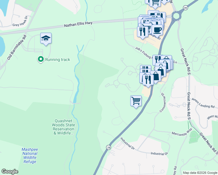 map of restaurants, bars, coffee shops, grocery stores, and more near r115 Shellback Way in Mashpee