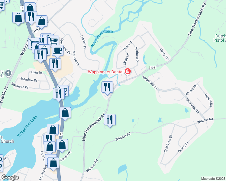 map of restaurants, bars, coffee shops, grocery stores, and more near 104 New Hackensack Road in Wappingers Falls