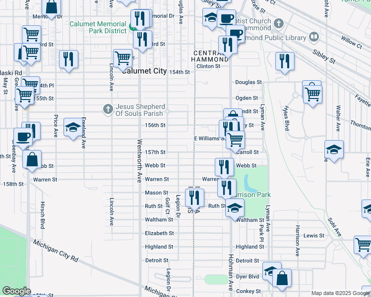 map of restaurants, bars, coffee shops, grocery stores, and more near 11 157th Street in Calumet City