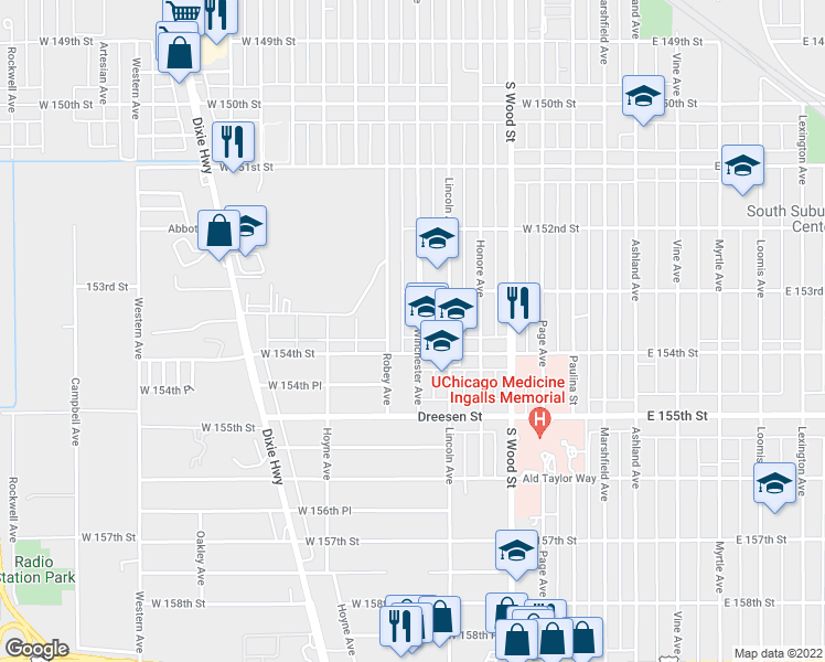 map of restaurants, bars, coffee shops, grocery stores, and more near 15330 Winchester Avenue in Harvey
