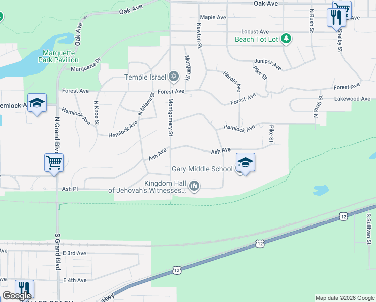 map of restaurants, bars, coffee shops, grocery stores, and more near 7301 Ash Avenue in Gary
