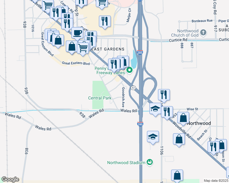 map of restaurants, bars, coffee shops, grocery stores, and more near 320 Flag Street in Northwood