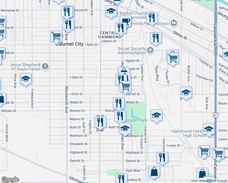 map of restaurants, bars, coffee shops, grocery stores, and more near 40 Carroll Street in Hammond