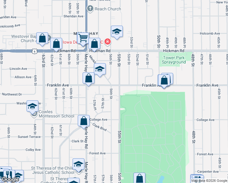 map of restaurants, bars, coffee shops, grocery stores, and more near 1800 56th Street in Des Moines