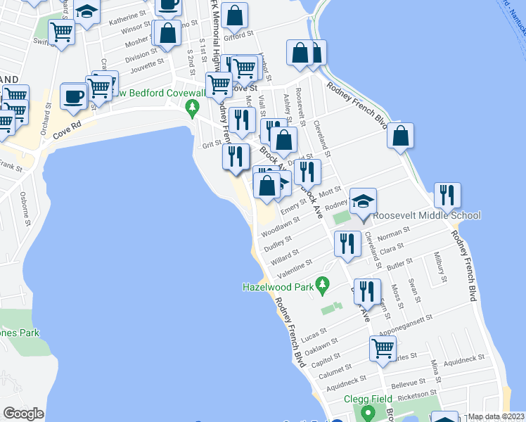 map of restaurants, bars, coffee shops, grocery stores, and more near 160 West Rodney French Boulevard in New Bedford