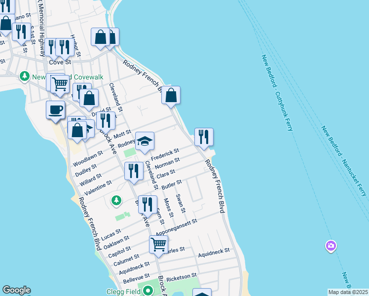 map of restaurants, bars, coffee shops, grocery stores, and more near 45 Norman Street in New Bedford