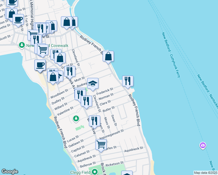 map of restaurants, bars, coffee shops, grocery stores, and more near 45 Norman Street in New Bedford
