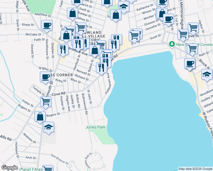 map of restaurants, bars, coffee shops, grocery stores, and more near 1578 Padanaram Avenue in New Bedford