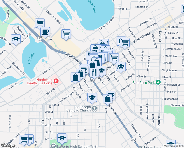 map of restaurants, bars, coffee shops, grocery stores, and more near 810 Jefferson Avenue in La Porte