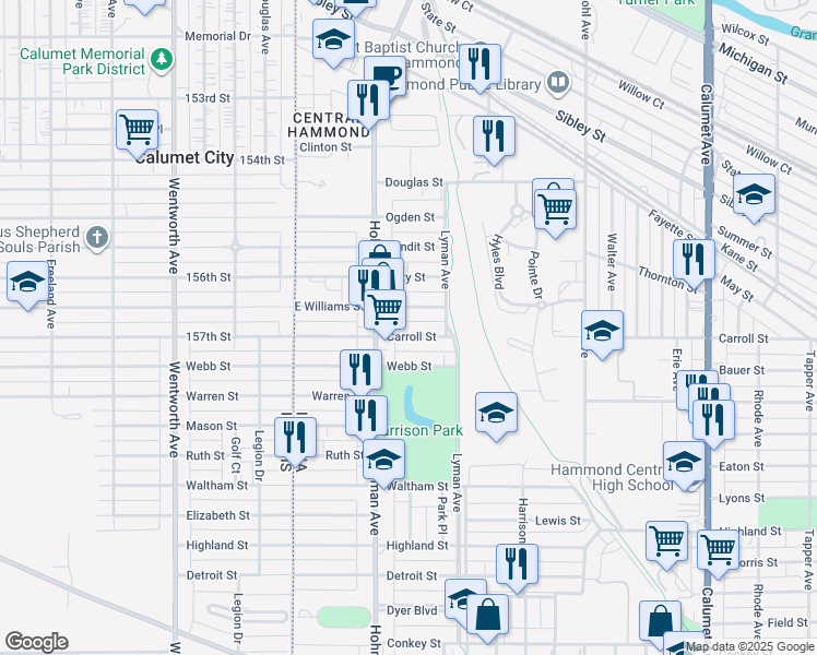 map of restaurants, bars, coffee shops, grocery stores, and more near 236 Carroll St in Hammond