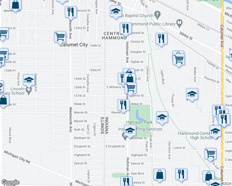 map of restaurants, bars, coffee shops, grocery stores, and more near 40 Carroll Street in Hammond