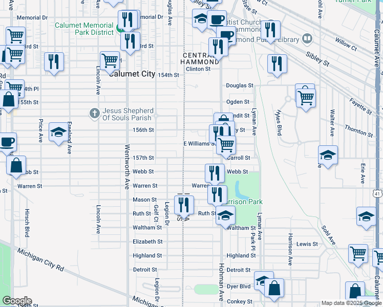 map of restaurants, bars, coffee shops, grocery stores, and more near 4 Carroll Street in Hammond