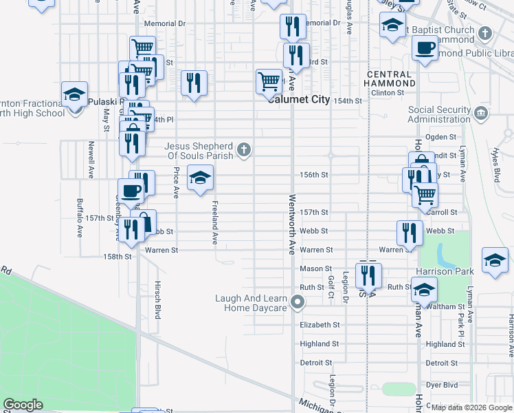 map of restaurants, bars, coffee shops, grocery stores, and more near 301 157th Street in Calumet City